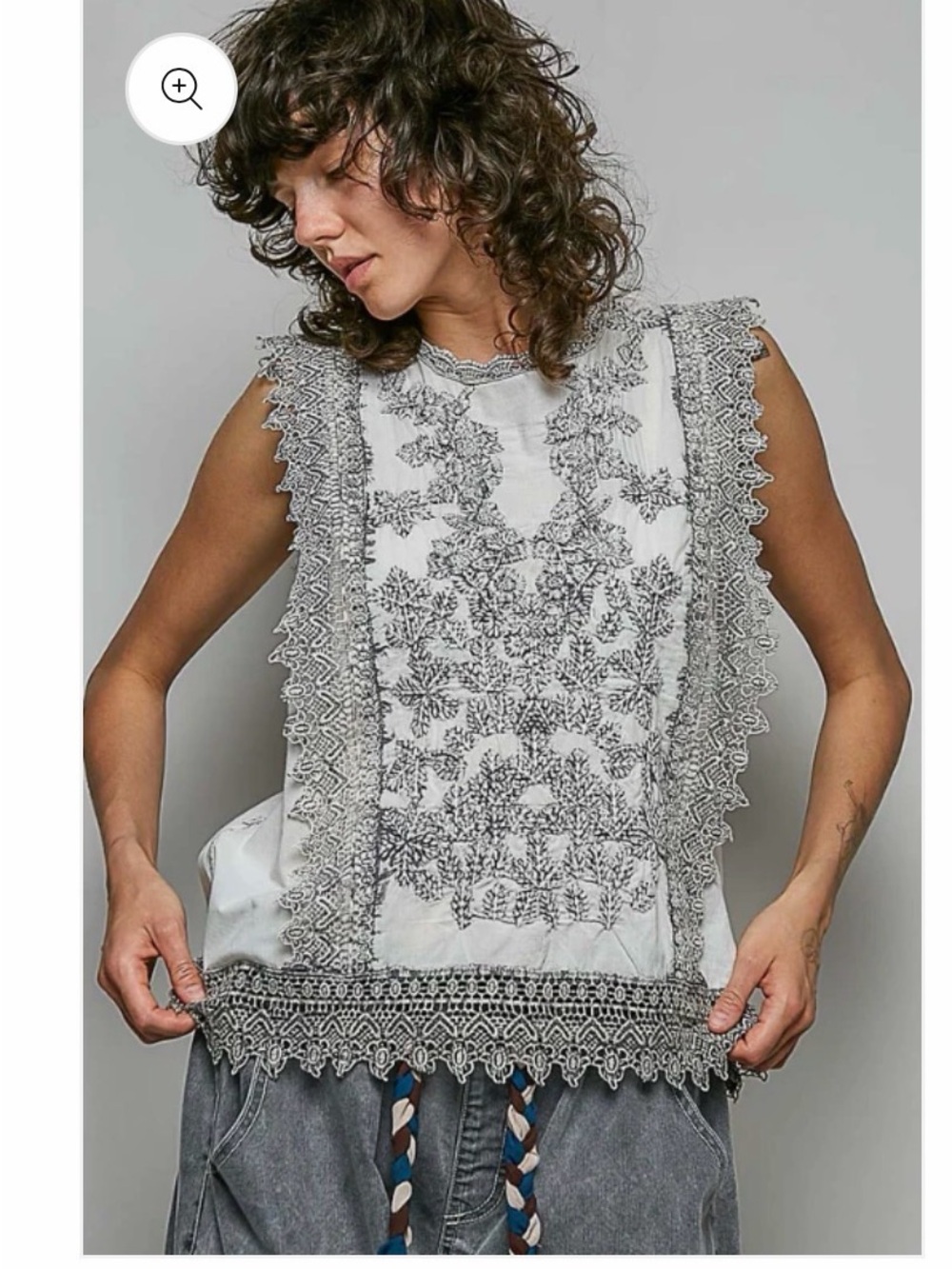 POL White Sleeveless Embroidered Lace-Trim Top